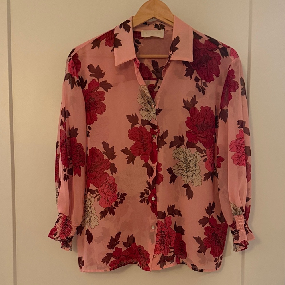 Chic Floral Button Down Shirt - Pink and Red